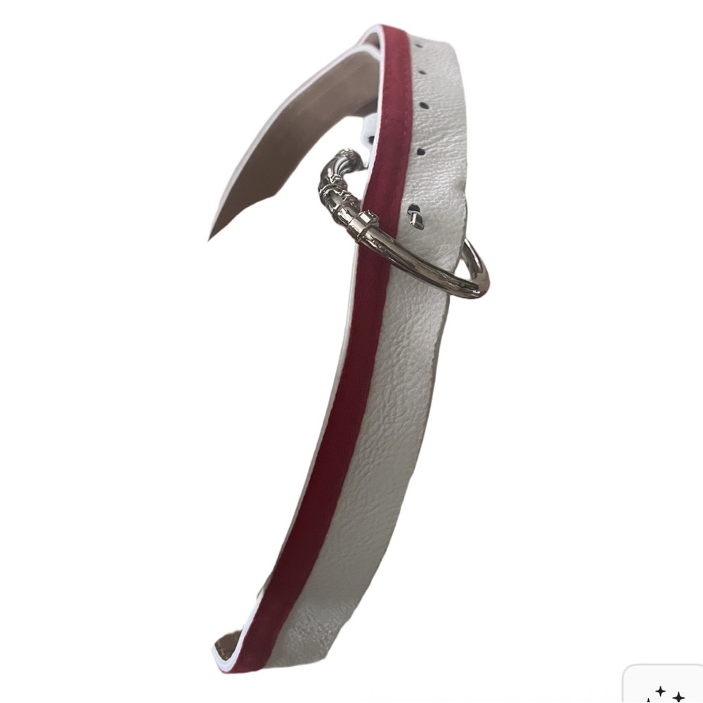 White and Red Leather Belt with Silver Buckle